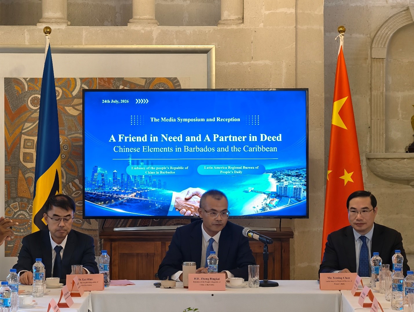 L – R: Counsellor LEI Hao, Ambassador ZHENG Bingkai and CHENG Yiming of the People’s Daily. Photo courtesy the Chinese Embassy